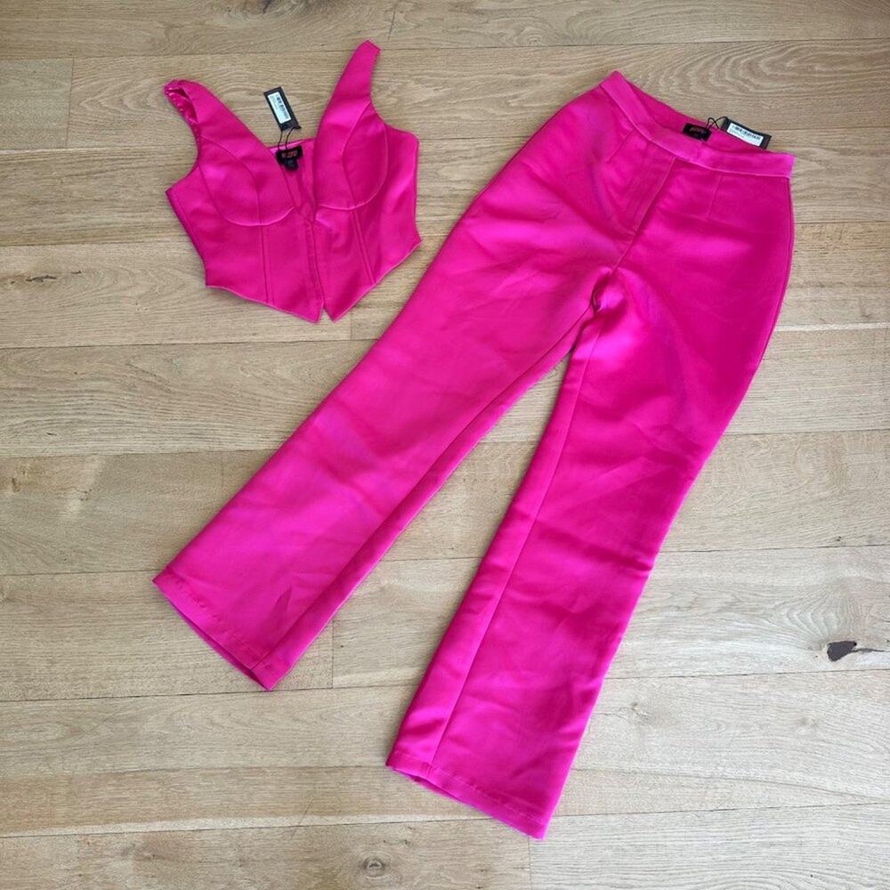 Lexi Wood x Misspap Premium Satin Boned Waistcoat and Flared Trousers in Hot Pin